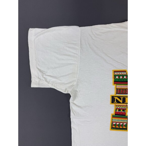Vintage 90s New York NY Spell Out Art Logo Pattern Tribal White Shirt Short Heel - Picture 4 of 15